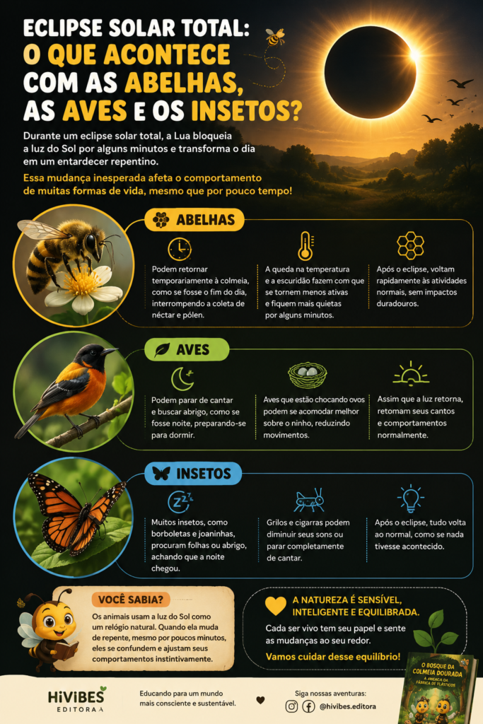 Infográfico - Eclipse solar total: como o fenômeno afeta abelhas, aves e outros animais?